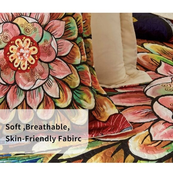 3 Piece Boho Floral Quilt Set King Size Colorful Bohemian Contemporary Flower - Picture 4 of 6